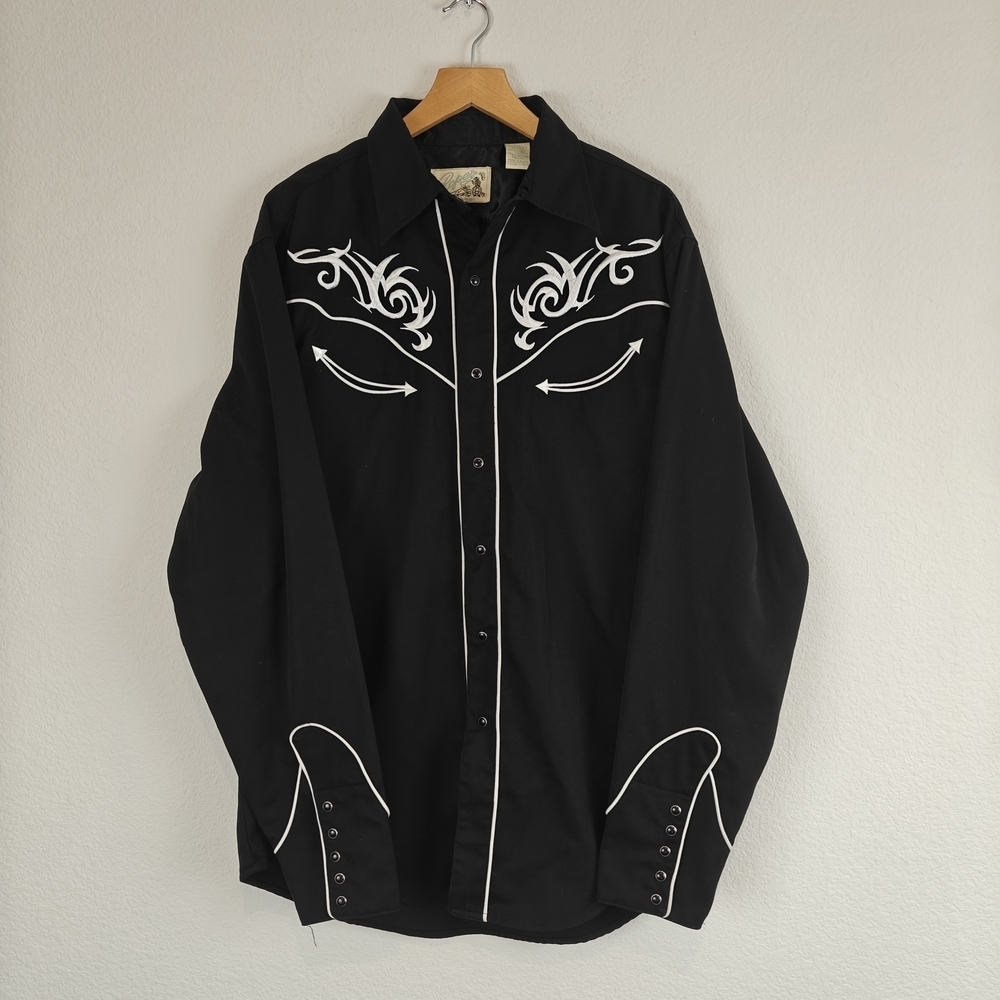 Vintage Roper Black Western Pearl Snap Shirt – White Embroidered Scroll Men’s LG